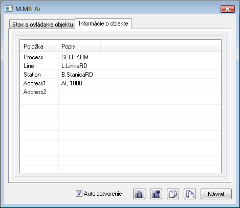 Ovládacie okno - záložka Informácie o objekte