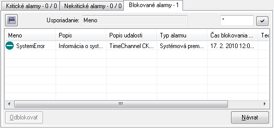 Zoznam alarmov - záložka Blokované alarmy Zoznam alarmov - záložka Blokované alarmy