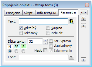 Paletka Pripojenie objektu - záložka Parametre Paletka Pripojenie objektu - záložka Parametre