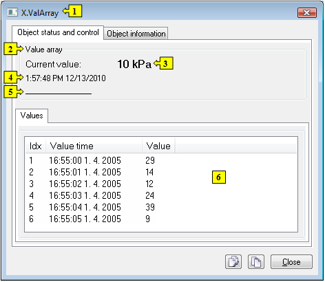 Object status dialog window Object status dialog window