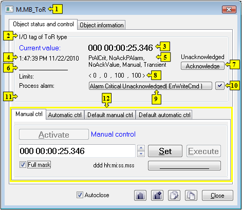 Object status dialog window Object status dialog window