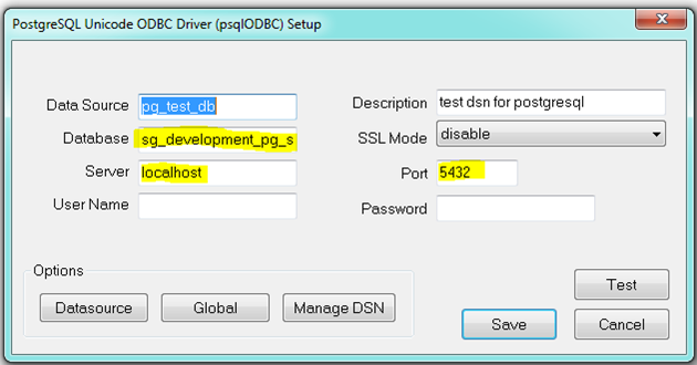 Vytvorenie PostgreSQL DSN záznamu - parametre