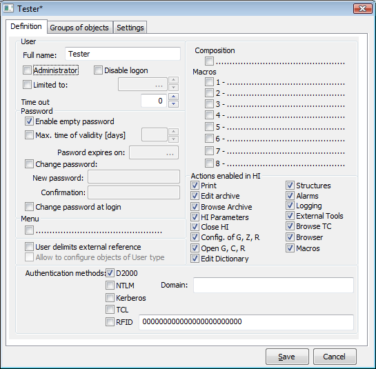 Configuration dialog box of users