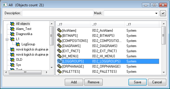 Object group - Configuration dialog box