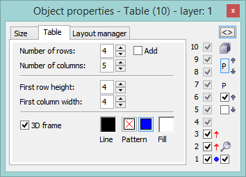 Object properties palette - Table tab