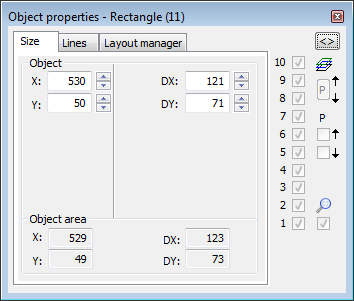 Object properties palette - Size tab