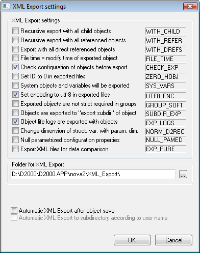 XML Export settings