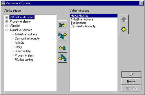 Okno na konfiguráciu stĺpcov tabuľky