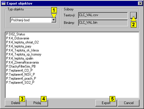 okno Export objektov