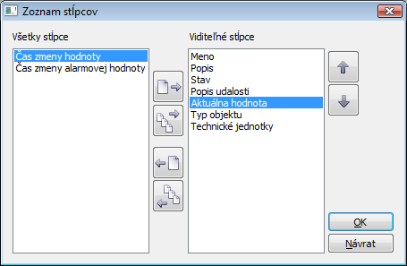 Okno na konfiguráciu stĺpcov alarmovej tabuľky