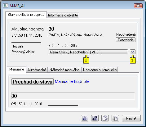 Okno pre ovládanie objektu