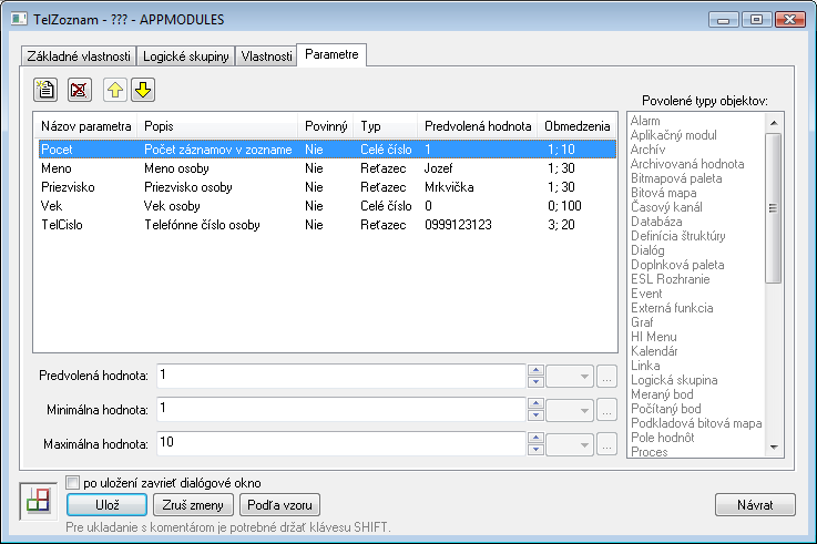 Konfigurácia apl. modulu - Parametre Konfigurácia apl. modulu - Parametre