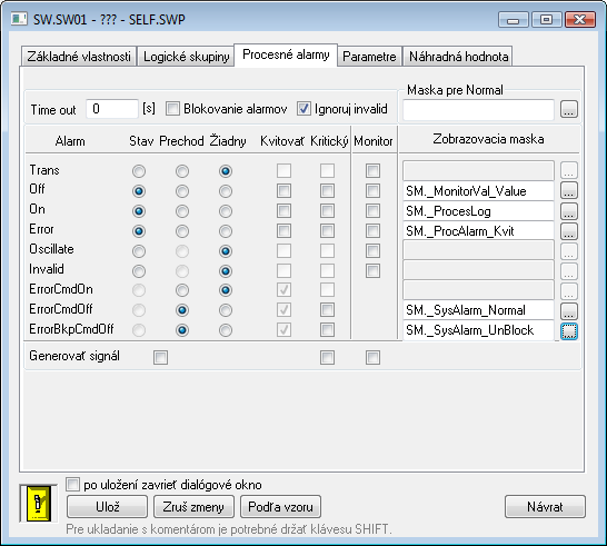 Konfiguračné okno vypínačov - záložka Procesné alarmy Konfiguračné okno vypínačov - záložka Procesné alarmy