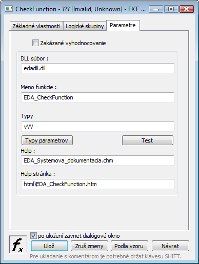 Okno na editáciu Externej funkcie Okno na editáciu Externej funkcie