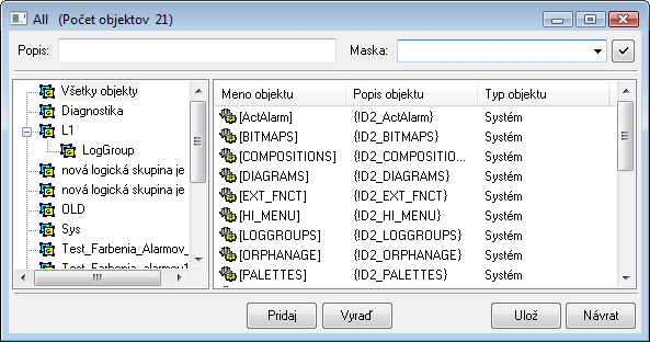 Skupina objektov - konfiguračné okno