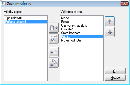 Konfigurácia stĺpcov tabuľky monitorovacích údajov