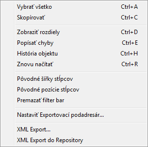 Popup menu pre dialóg na zobrazenie CVS informácií Popup menu pre dialóg na zobrazenie CVS informácií