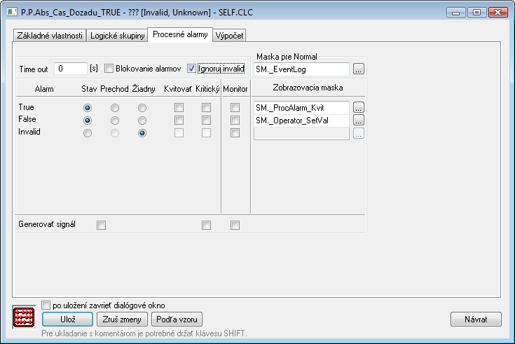 Konfiguračné okno počítaných bodov - záložka Procesné alarmy