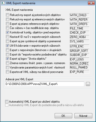 Nastavenie parametrov pre XML Export objektov spúšťaný z klientov