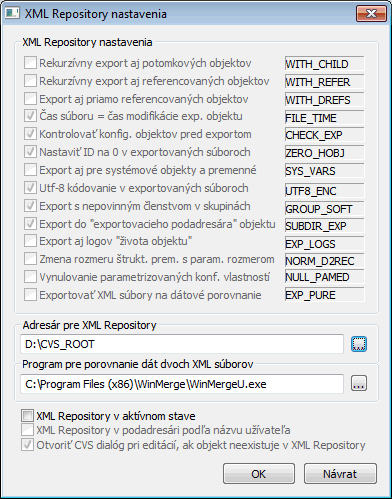 Nastavenie parametrov pre XML Repository