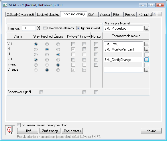 Konfiguračné okno meraných bodov - záložka Procesné alarmy