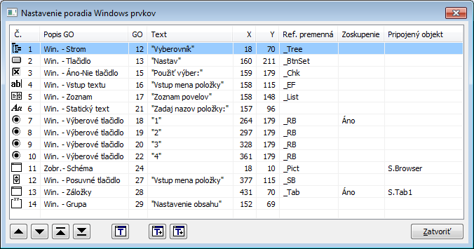 Okno pre nastavenie poradia Windows prvkov