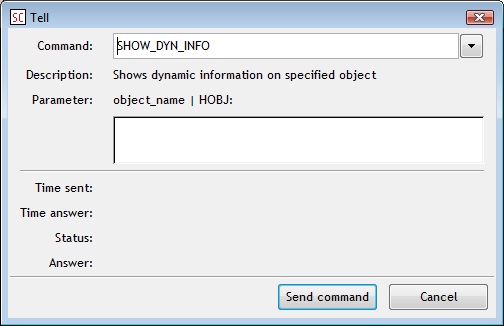 Dialógové okno na posielanie Tell príkazov