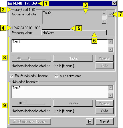 Ovladádacie okno meraných bodov typu Textový výstup