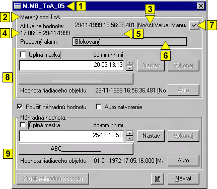 Ovládacie okno absolútnych časových výstupov (ToA)