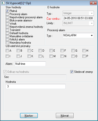 Dialógové okno na zobrazovanie atribútov danej hodnoty