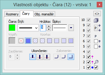 Paletka Vlastnosti objektu - parametre čiary