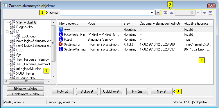 Zoznam alarmových objektov