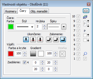 Paletka Vlastnosti objektu - záložka Čiary Paletka Vlastnosti objektu - záložka Čiary