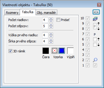 Paletka Vlastnosti objektu - záložka Tabuľka Paletka Vlastnosti objektu - záložka Tabuľka