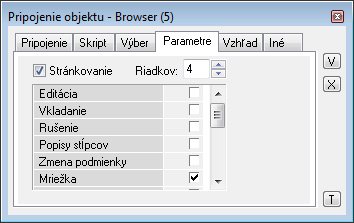 Paletka Pripojenie objektu - Parametre