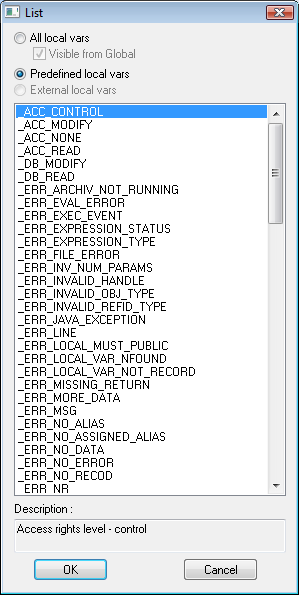 List of local variables