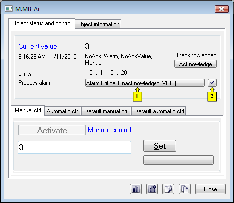 Object status dialog window Object status dialog window