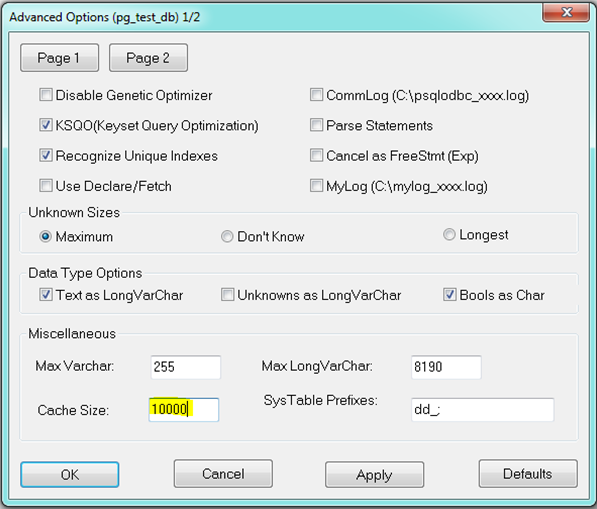 Creating the PostgreSQL DSN record - settings Creating the PostgreSQL DSN record - settings
