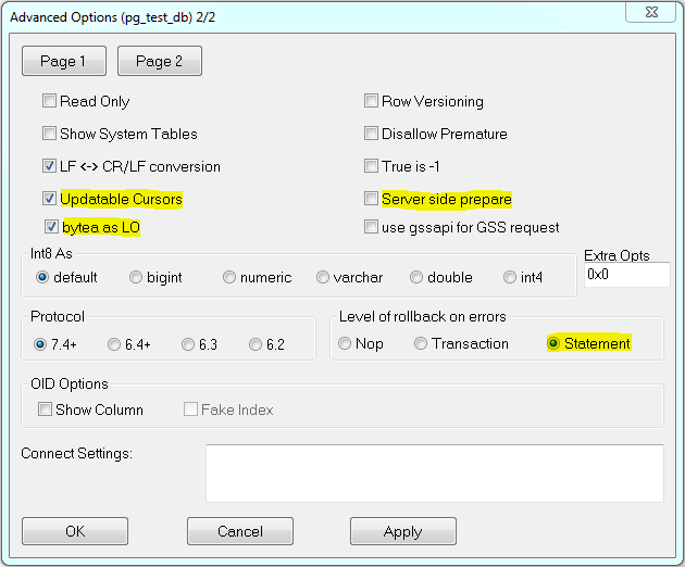 Creating the PostgreSQL DSN record - settings Creating the PostgreSQL DSN record - settings