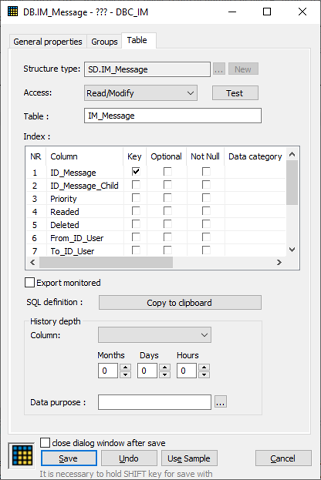Configuration of Table object