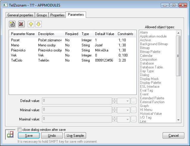 Configuration of app. module - tab Parameters Configuration of app. module - tab Parameters