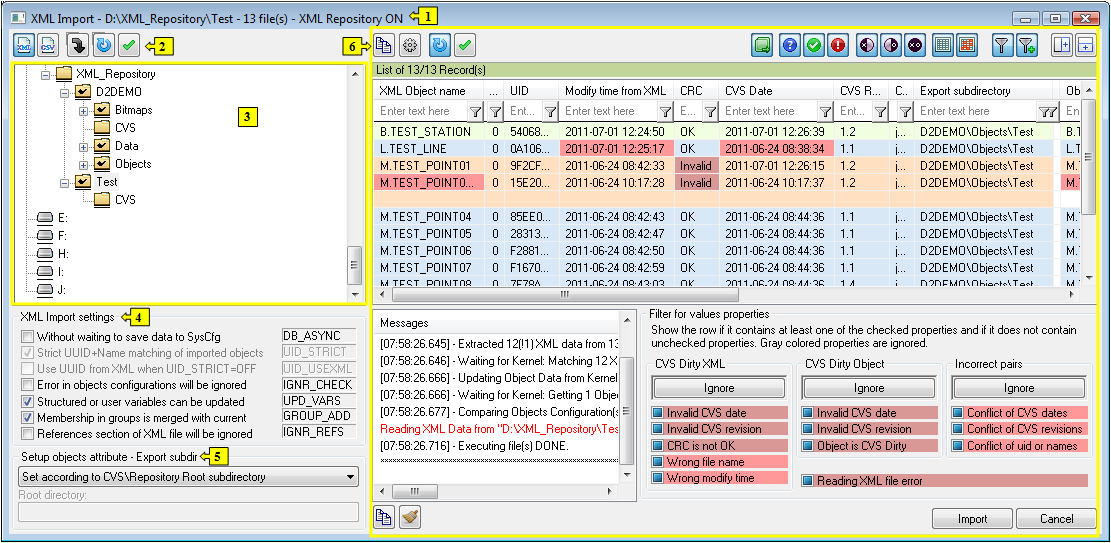XML Import dialog window
