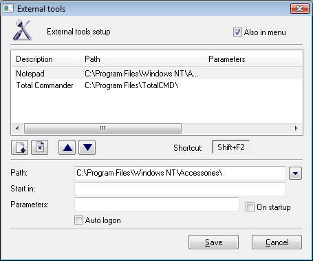 Dialog box for cofiguration of External tools Dialog box for cofiguration of External tools
