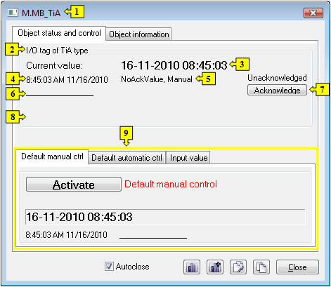 Object status dialog window Object status dialog window