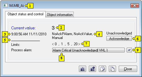 Object status dialog window Object status dialog window