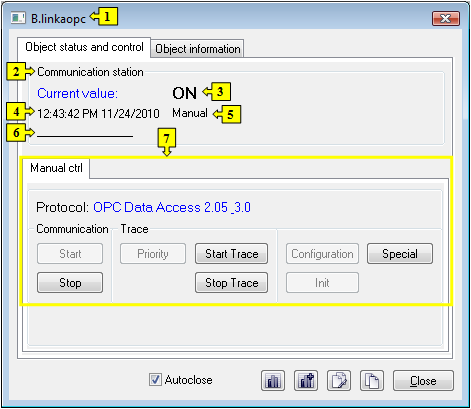 Object status dialog window