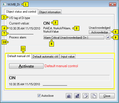 Object status dialog window