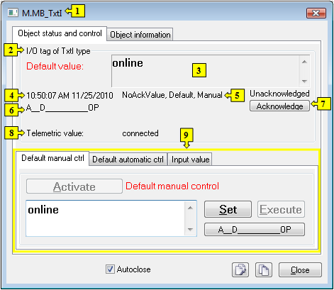 Objects status dialog window