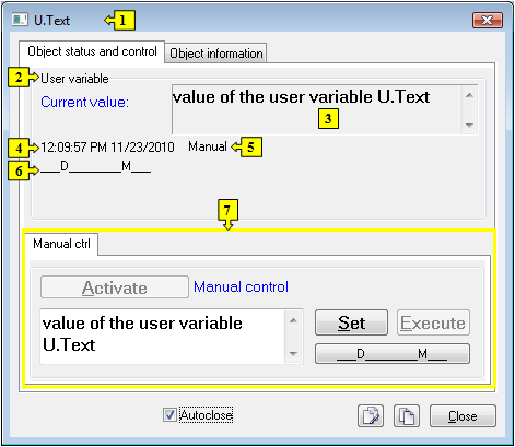 Object status dialog window Object status dialog window