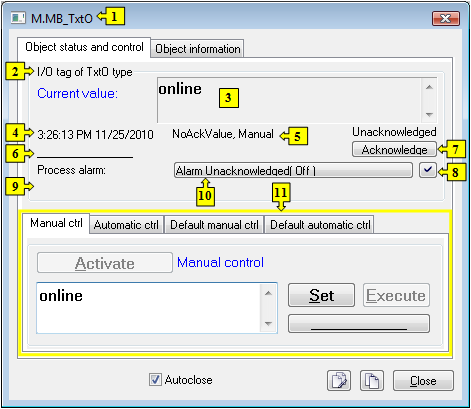 Object status dialog window